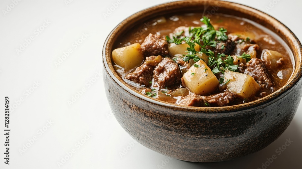 Bowl of hearty stew with potatoes and parsley on a wooden table Bowl of hearty stew with potatoes and parsley on a wooden table