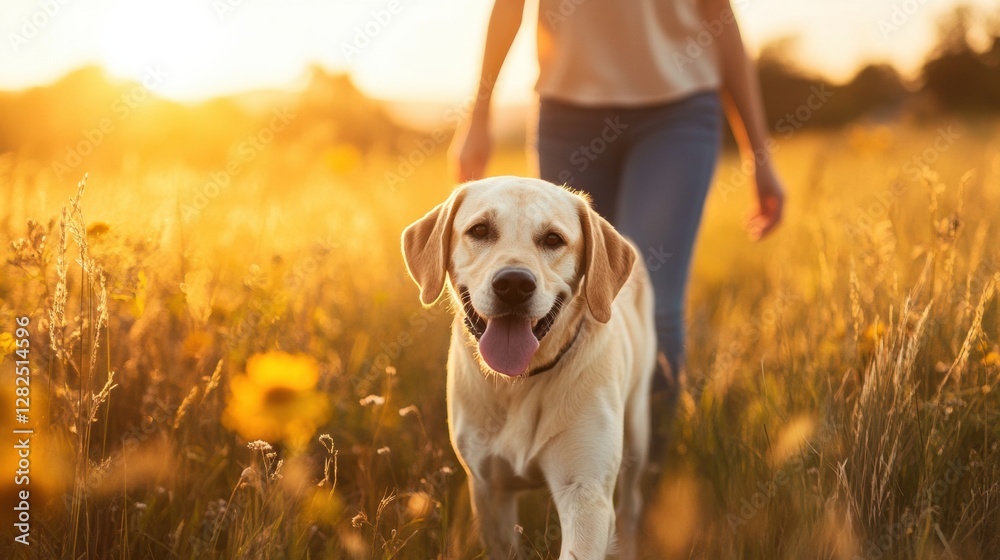 Walking a happy labrador retriever through a sunlit meadow during golden hour close to sunset. Generative AI Walking a happy labrador retriever through a sunlit meadow during golden hour close to sunset. Generative AI