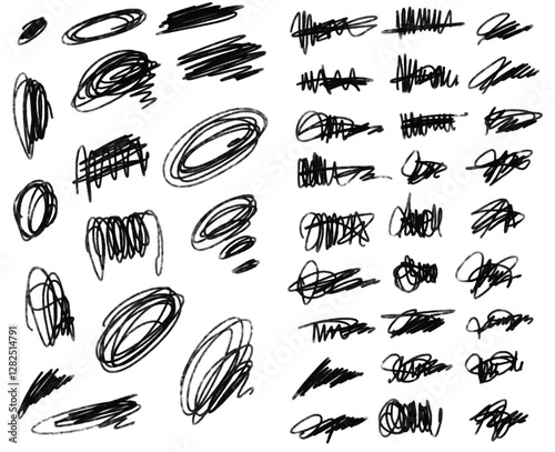 Vector set of grungy graphic elements. Street art texture hand drawn pencil underlines and strikethrough, scribble emphasis lines, crazy hatches, ovals and crosses. Each element is united and isolated