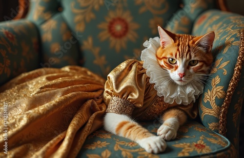 Ginger cat in vintage golden Renaissance dress with white collar lies on sofa. Feline laziness concept. Luxury and wealth theme. Animal in clothing like aristocrat or queen. Creativity and humor.