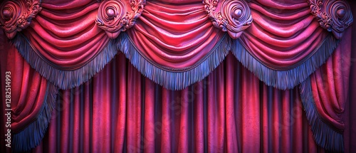 Crimson stage curtains, ornate valance, theater background
