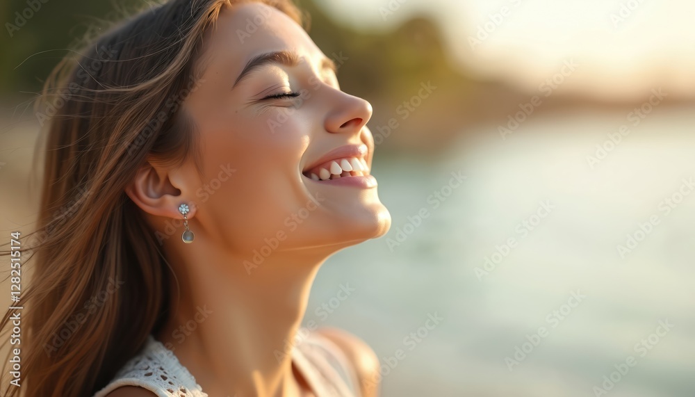 Happy woman smiles with closed eyes at sunrise. Brown haired girl enjoys sun and wind outdoors. Relaxed face close-up with dental care, fresh skin, serene expression, positive emotions. Happy woman smiles with closed eyes at sunrise. Brown haired girl enjoys sun and wind outdoors. Relaxed face close-up with dental care, fresh skin, serene expression, positive emotions.