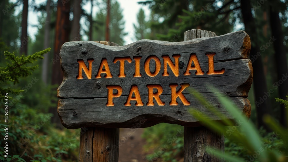 A rustic wooden sign in a forest marks the entrance to a national park.