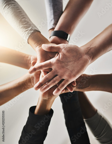 Fotografi People, hands and below with team for support, motivation or unity in solidarity