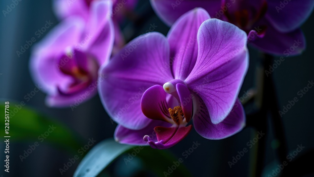 A close-up of a vibrant purple orchid flower with intricate details and soft lighting. A close-up of a vibrant purple orchid flower with intricate details and soft lighting.