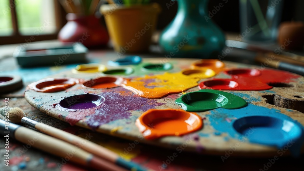 Fototapeta premium A vibrant paint palette palette with various colors, including red, blue, green, yellow, and orange, along with paintbrushes on a messy artist's workspace.