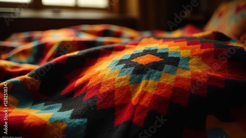 A vibrant Pendleton stock blanket with a geometric pattern in red, orange, yellow, blue, and black colors.