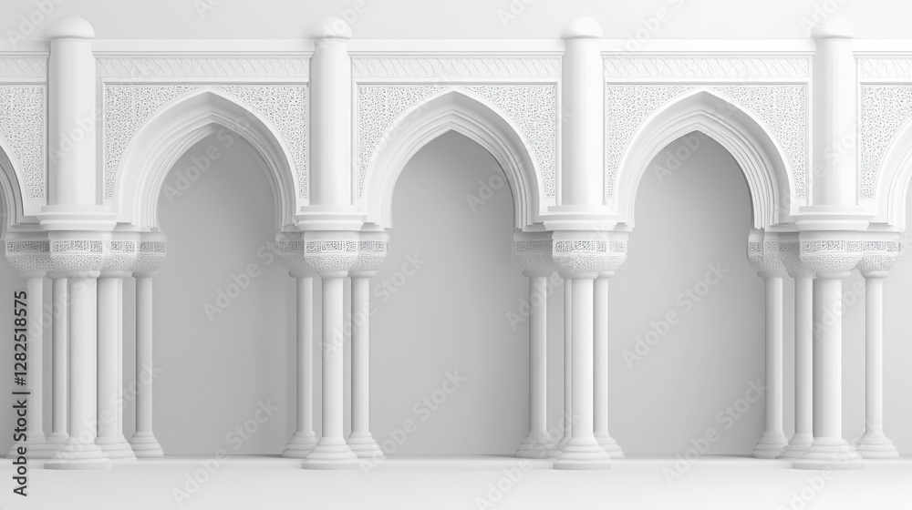 A white mosque background with copy space and an empty center for text or images, set against a monochrome gradient of light gray to black. The composition includes elements like columns A white mosque background with copy space and an empty center for text or images, set against a monochrome gradient of light gray to black. The composition includes elements like columns