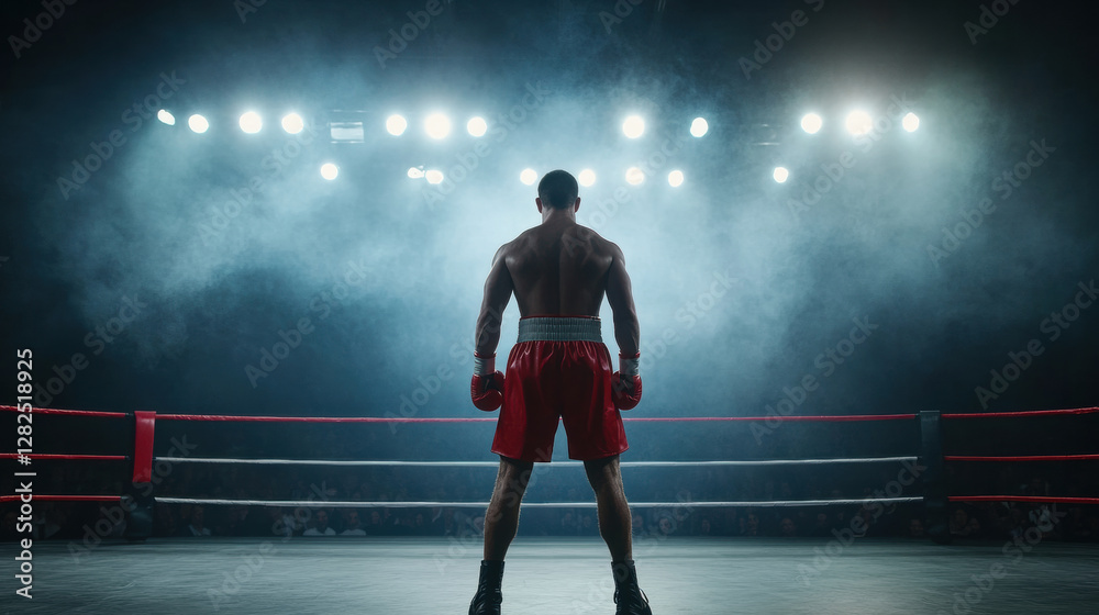 Fototapeta premium boxer in red shorts stands confidently in floodlit arena, ready for match. atmosphere is intense and electrifying
