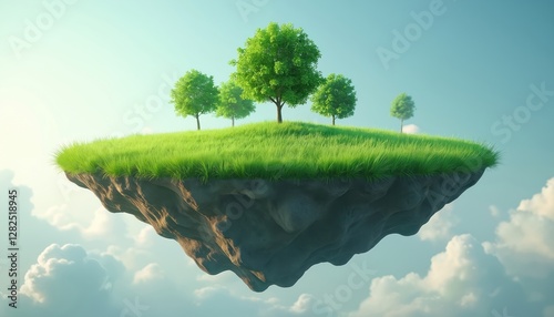 Conceptual image of island with green grass, trees floating in blue sky. Rocky ground. 3d render of surreal meadow garden. Natural peaceful landscape. Save planet, nature conservancy ecology concept.