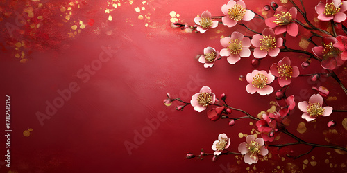 Elegant Red Floral Background with Cherry Blossoms and Gold Accents