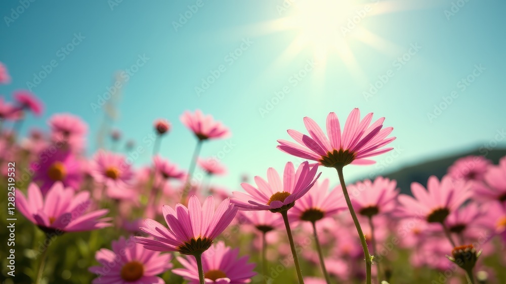 Pink daisies basking in the sunlight with a clear blue sky in the background. Pink daisies basking in the sunlight with a clear blue sky in the background.