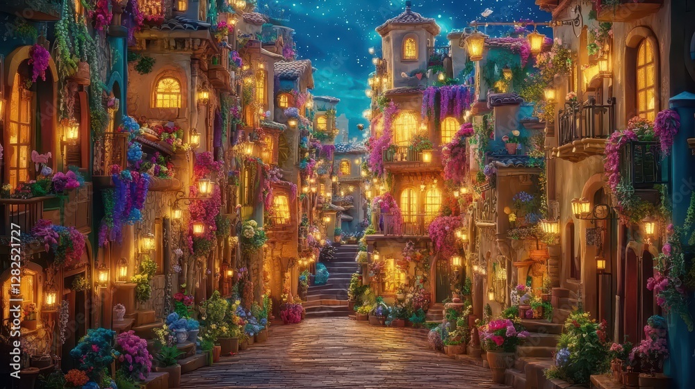 Fototapeta premium Enchanting Night Scene Of A Flowery Village Street