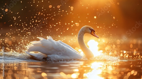 Majestic swan gracefully swimming through shimmering water at sunset, surrounded by sparkling droplets