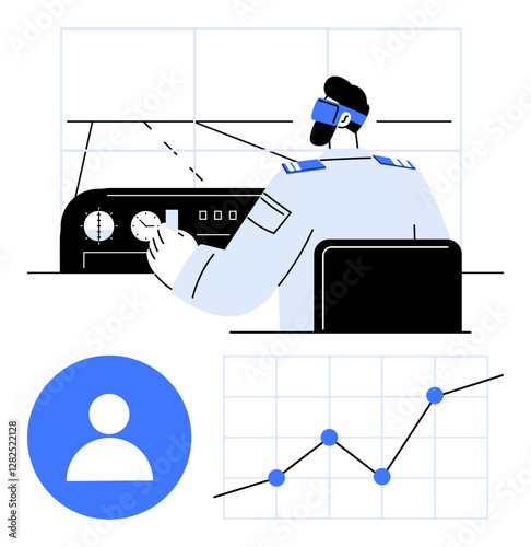 Pilot in virtual reality cockpit wearing VR headset, dashboard view, chart with upward trend, and user profile icon. Ideal for aviation, technology, innovation, simulation, data analysis virtual