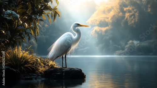 Majestic white heron standing gracefully on a rock by a tranquil lake, surrounded by lush greenery and soft morning light