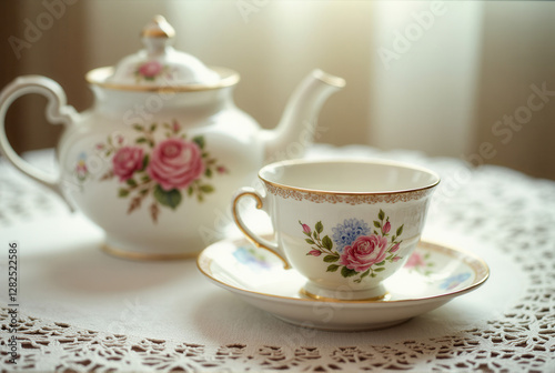 Elegant tea set with teacup and teapot, delicate floral patterns, vintage porcelain on lace tablecloth 