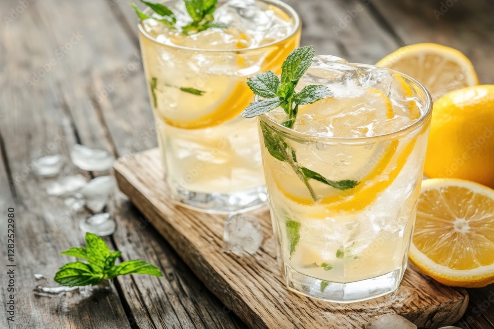 Refreshing summer drinks with lemon and mint on a wooden surface perfect for outdoor gatherings. Generative AI Refreshing summer drinks with lemon and mint on a wooden surface perfect for outdoor gatherings. Generative AI
