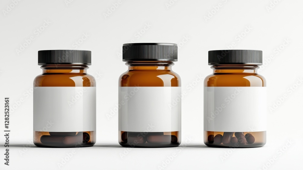 Three bottles with brown and white caps arranged on a white surface showcasing their unique designs and shapes Three bottles with brown and white caps arranged on a white surface showcasing their unique designs and shapes