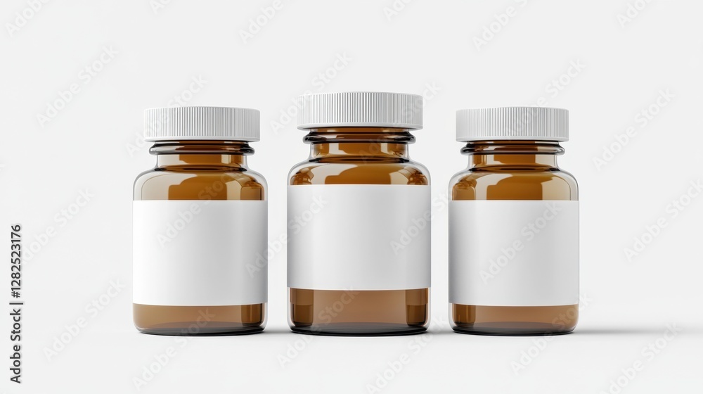 Three brown and white medicine bottles arranged on a flat surface for pharmaceutical purposes Three brown and white medicine bottles arranged on a flat surface for pharmaceutical purposes