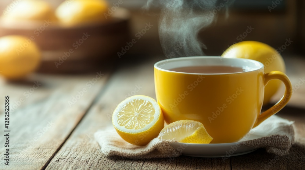 A steaming cup of tea with lemon slices on a rustic wooden table. Warm, inviting, and perfect for a cozy moment. A steaming cup of tea with lemon slices on a rustic wooden table. Warm, inviting, and perfect for a cozy moment.