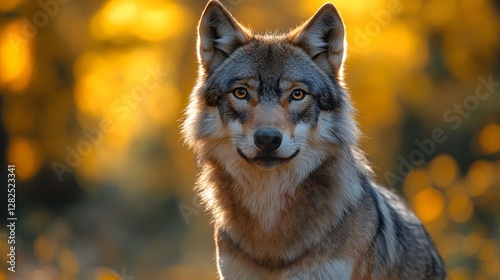 Majestic wolf standing confidently against a vibrant autumn background, showcasing nature's beauty