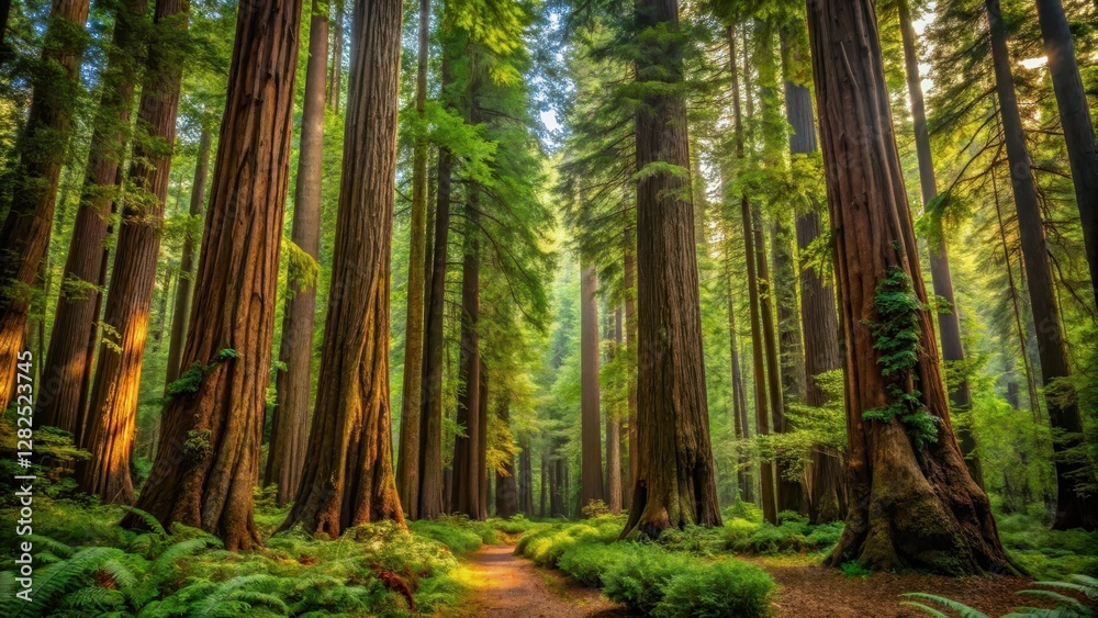 Dense Redwood Forest with Towering Trees and Lush Undergrowth, evergreen, trees, evergreen, trees, nature, wild Dense Redwood Forest with Towering Trees and Lush Undergrowth, evergreen, trees, evergreen, trees, nature, wild