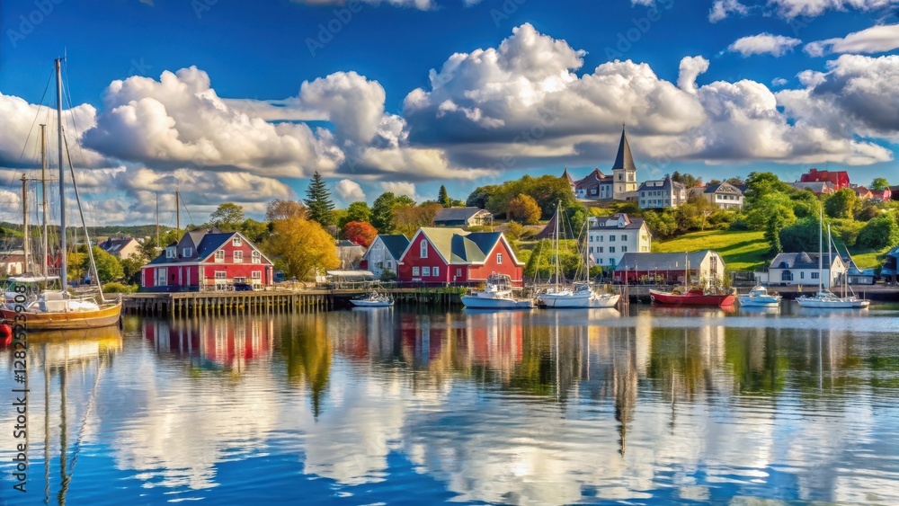 Fototapeta premium A scenic waterfront view of Lunenburg with sailboats and buildings along the shore, set against a calm blue sky with fluffy white clouds, calm sea, Canadian marina