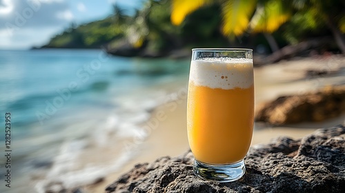 Refreshing tropical beverage on a rocky beach with palm trees and ocean waves in background