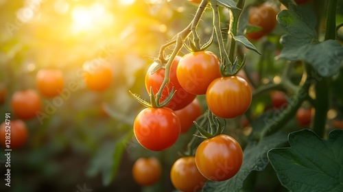 Ripe cherry tomatoes hanging on a vine in a sunlit garden, showcasing lush green foliage