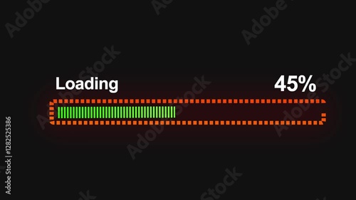 Green and red loading bar process animation standard horizontal, loading bar 0-100 o black background.