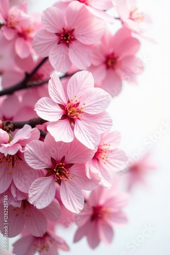 Intricate detail of bright pink cherry tree flowers against stark white, floral, floral