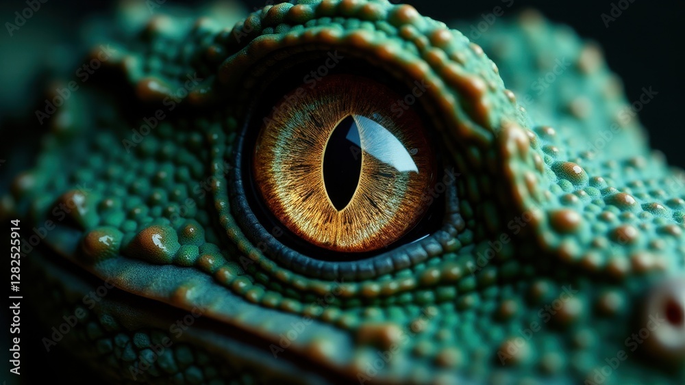 Obraz premium Close-up of a reptile eye with intricate details and vibrant colors, showcasing the texture and patterns of the surrounding skin.