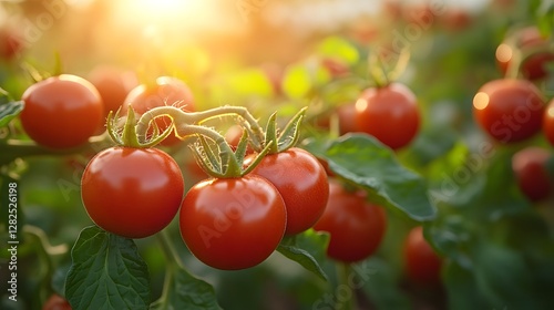 Ripe red tomatoes hanging on lush green vines in a sunlit garden at sunset