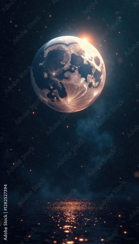 Fototapeta premium Ethereal glow, silver orb dominates inky black canvas, silver, lunar cycle, meditation