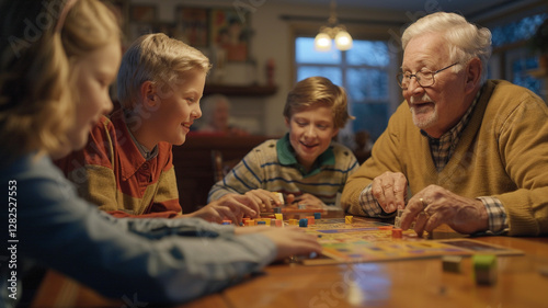 Game night excitement: A multigenerational family enjoys a competitive yet fun board game session, with cheers and smiles lighting up the dining room.