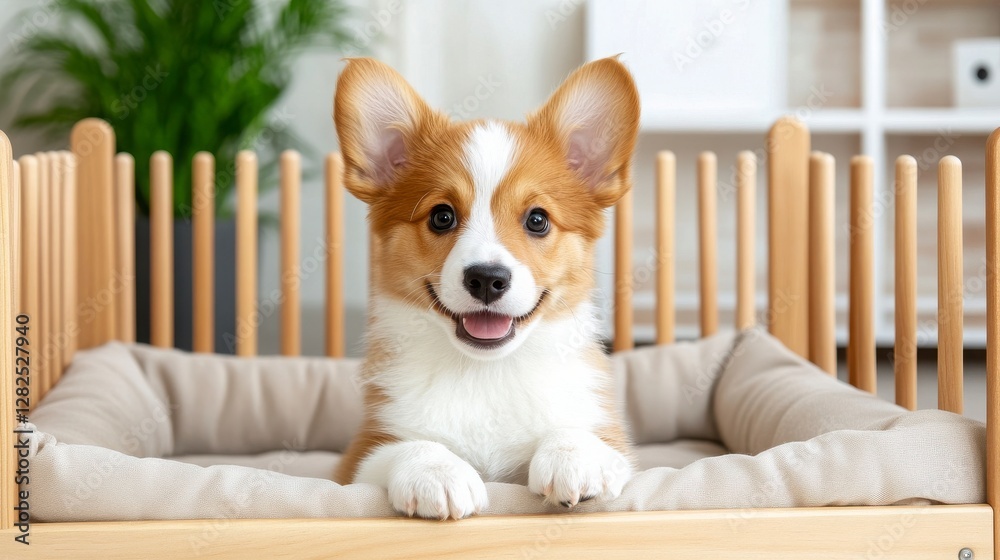 Happy Corgi Puppy Smiling in Cozy Bed with Wooden Crate Surrounding Happy Corgi Puppy Smiling in Cozy Bed with Wooden Crate Surrounding