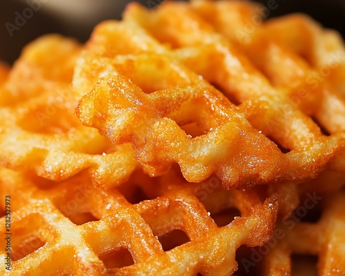 Waffle fries, unique texture, golden brown, close-up, appetizing
