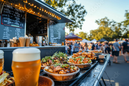 A vibrant food truck scene with plates of fresh food, beer, and fries. People are gathered in the background at an outdoor event, enjoying food and drinks in a lively atmosphere.