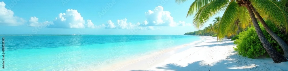 Fototapeta premium Azure water laps white sand, lush palms sway in gentle breeze , sun, coastline