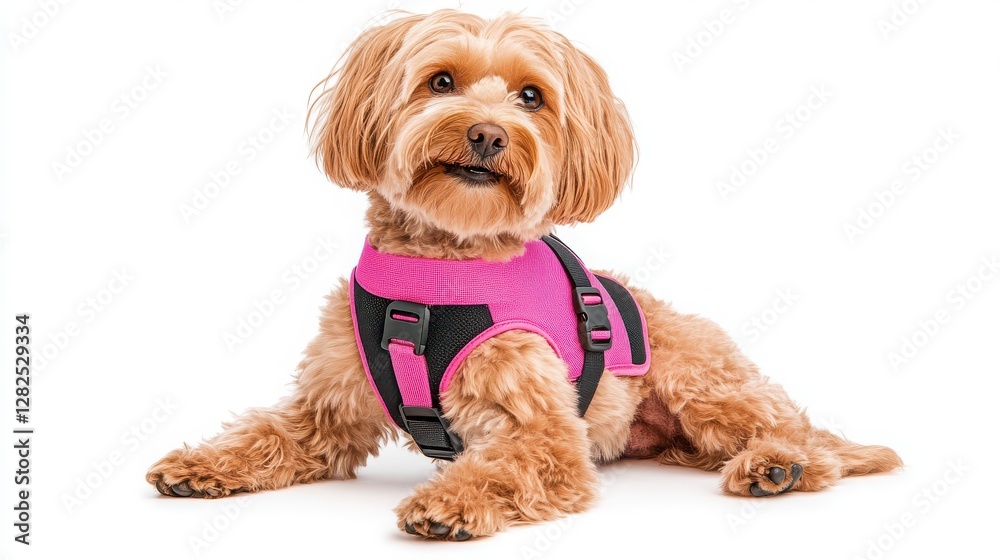 Cute small dog wearing bright pink harness on white background Cute small dog wearing bright pink harness on white background