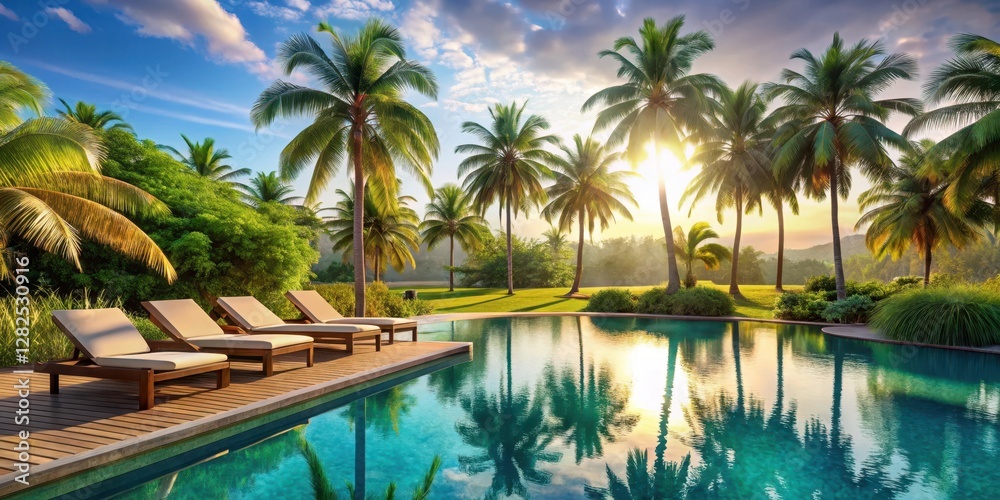 Fototapeta premium Tropical poolside oasis with swaying palm trees and sun loungers scattered around a serene water feature, palm trees