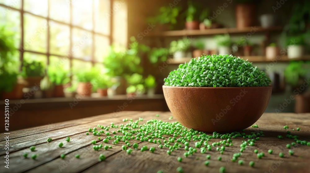 Bright interior scene, bowl of sprouts sitting on a wooden table, plants on shelves Bright interior scene, bowl of sprouts sitting on a wooden table, plants on shelves