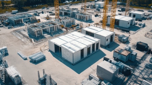 Aerial View of Modern Prefabricated House Construction Site