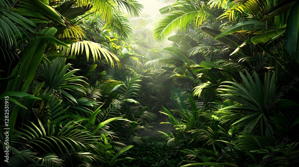 Fototapeta premium Lush Green Tropical Rainforest with Sunlight Beams