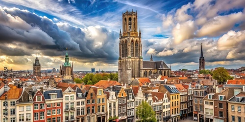 Old town Utrecht under cloudy sky with Dom Tower, dom tower, utrecht, dom tower