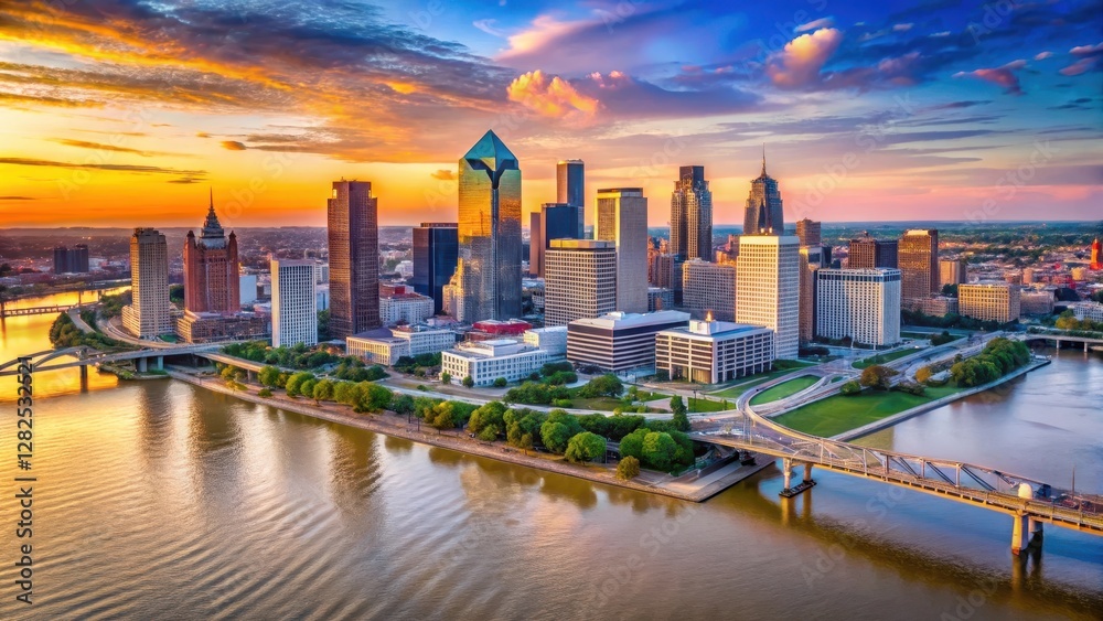 Fototapeta premium Aerial view of downtown Louisville on the Ohio River at sunset with the skyline and riverfront