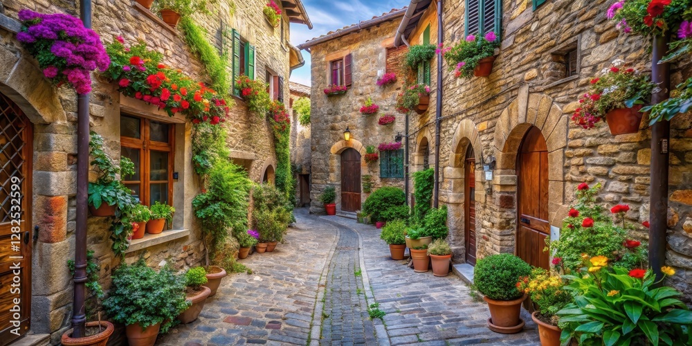 Fototapeta premium Narrow cobblestone street lined with ancient stone buildings and adorned with vibrant flowers and greenery in a charming Italian village, old town, small town