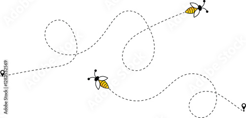 Bees on a Dotted Flight Path on a White Background. Flying Bees Path.