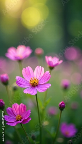 Lush pink and purple wildflowers with soft bokeh, romantic, serenity